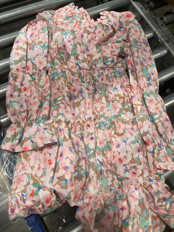 Photo 1 of BesserBay Girl's Fall Long Puff Sleeve Tiered Dress Smocked Pleated Ruffle Trim Outfits Dress 5-14 Years 6 Years Long Sleeve | Floral Brown