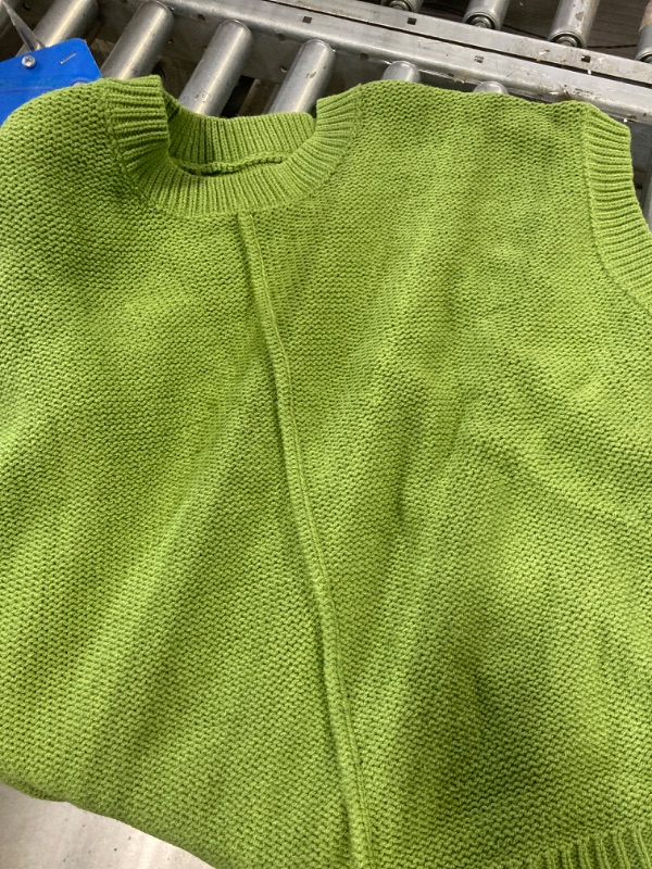 Photo 2 of Women's Cap Sleeve Sweater Vest Casual Solid Pullover Tank Tops Crew Neck Ribbed Side Slit Loose Sweater Top Green Large