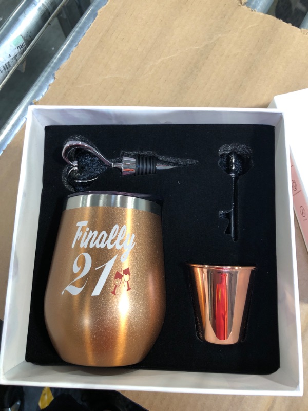 Photo 1 of 21st Birthday Gifts For Women, Funny Birthday Wine Gifts Ideas for Her, Friend, Daughter, Sister | Unique Finally 21 Stainless Steel Wine Tumbler Shot Glass Set For 21 Year Old