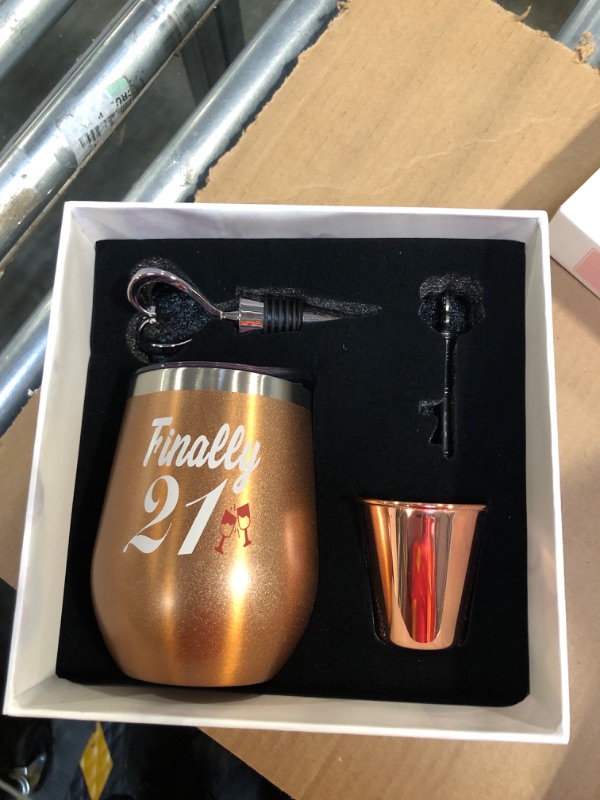 Photo 1 of 21st Birthday Gifts For Women, Funny Birthday Wine Gifts Ideas for Her, Friend, Daughter, Sister | Unique Finally 21 Stainless Steel Wine Tumbler Shot Glass Set For 21 Year Old