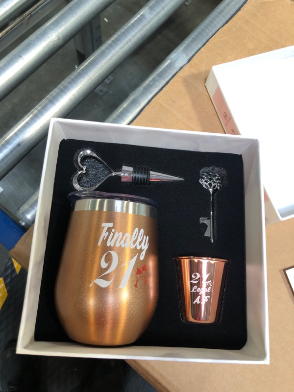 Photo 1 of 21st Birthday Gifts For Women, Funny Birthday Wine Gifts Ideas for Her, Friend, Daughter, Sister | Unique Finally 21 Stainless Steel Wine Tumbler Shot Glass Set For 21 Year Old