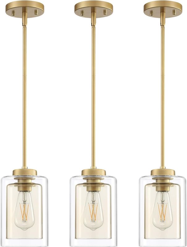 Photo 1 of 1 Light Indoor Mini Hanging Kitchen Island Pendant Light with Gold Finish,Clear Frosted Glass Chandelier Shade for Bar,Dining Room Over Sink (Blue Glass, 3 Pack)