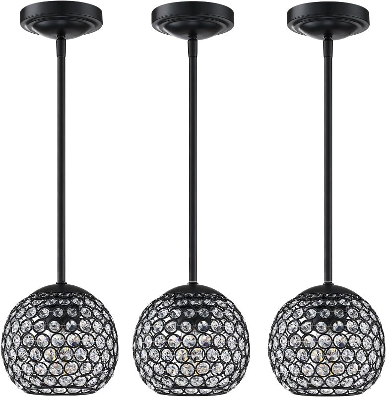 Photo 1 of 3 Pack Indoor Mini 1 Light Pendant Light with Polyhedral Crystal Chandelier Shade,semi Flush Mount for Foyer Dining Room Family Room (Black Finish UL Certification)