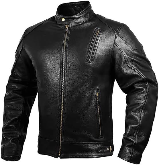 Photo 1 of HWK Leather Motorcycle Jacket with Armor for Men, Cafe Racer Genuine Leather Jacket for Weather Resistant Enduro Motocross, Motorbike Riding, Easy Adjust Men's Motorcycle Jacket, X-Large