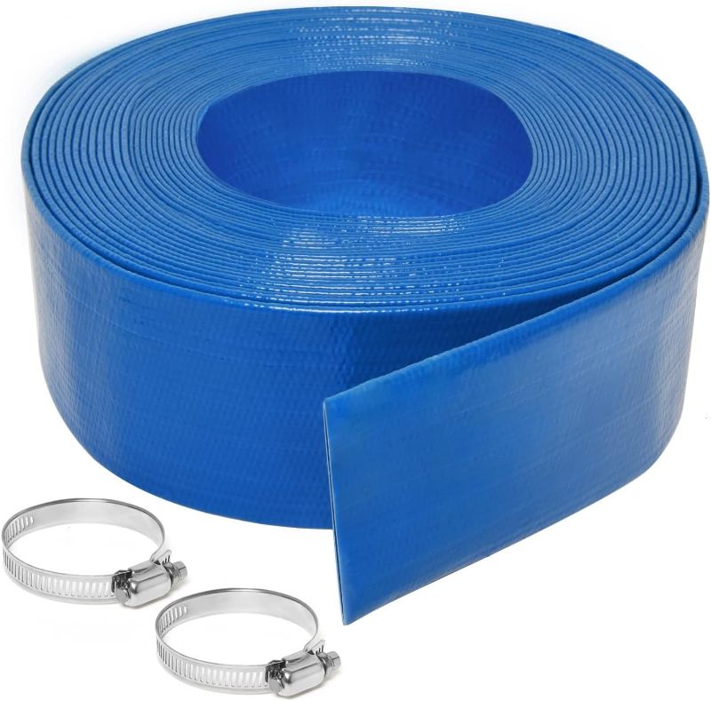 Photo 1 of 2 in W  Heavy-Duty PVC Swimming Pool Backwash Hose, Reinforced Discharge Hose with Clamp for Swimming Pools, Blue