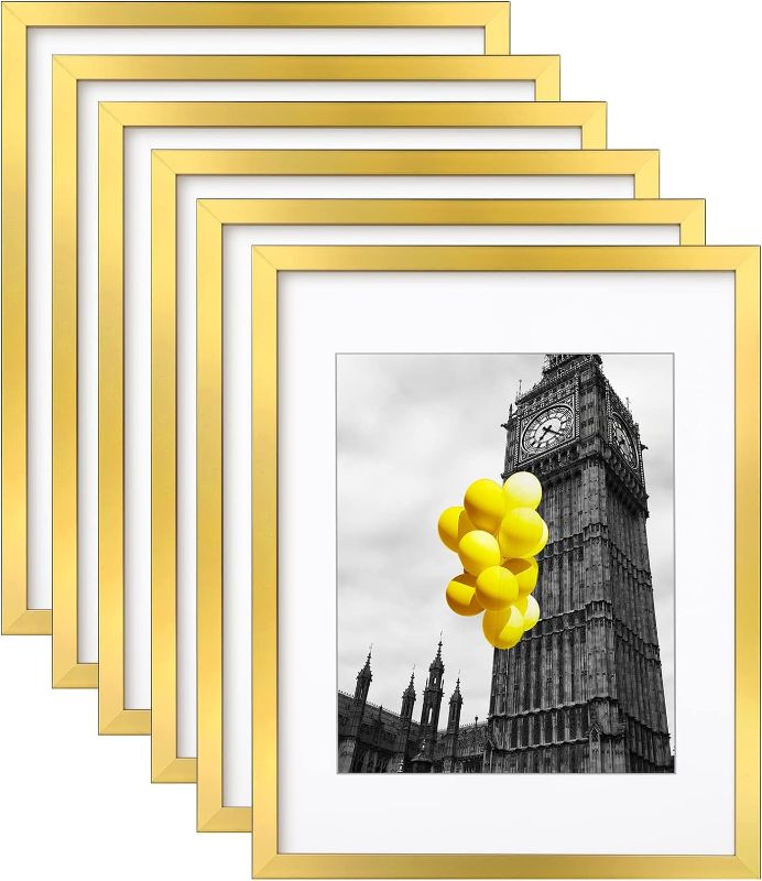 Photo 1 of 11x14 Picture Frame Set of 5, Display Pictures 8x10 with Mat or 11x14 Without Mat,Wall Gallery Photo Frames, Sleek Gold