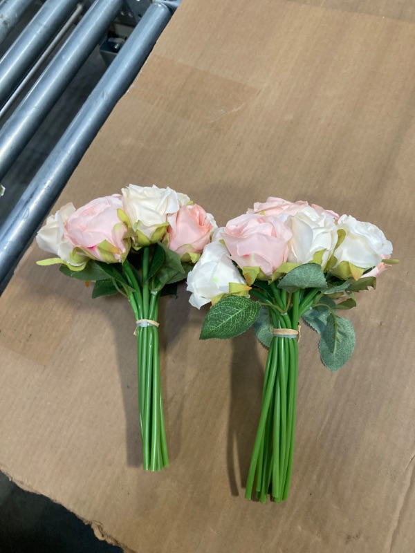 Photo 3 of 24 Heads Artificial Rose Flowers Bouquet Silk Flower Roses with Stems for Mothers Day Home Decor Bridal Wedding Party Festival Decor (2 Packs Champagne and Pink)