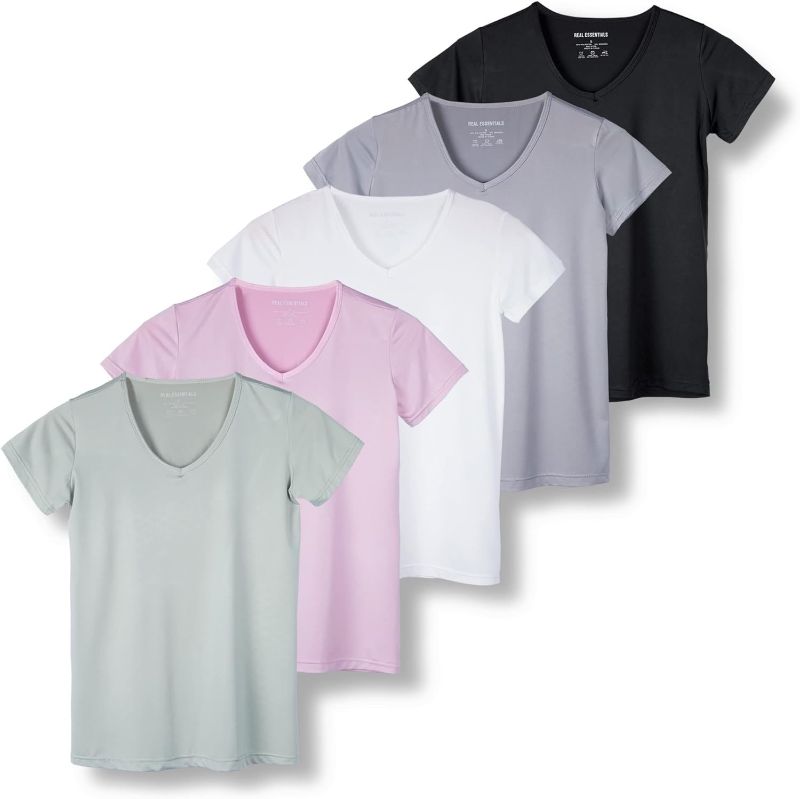 Photo 1 of **SIZE 3X**Real Essentials 5 Pack: Women's Short Sleeve V-Neck Activewear T-Shirt Dry-Fit Wicking Yoga Top 
