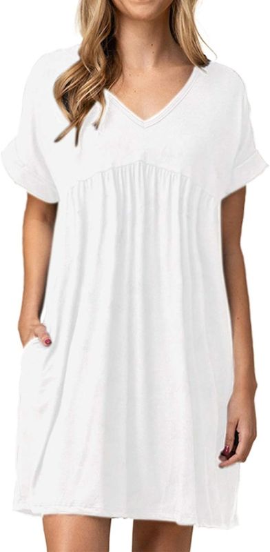 Photo 1 of Jayscreate Women's Baby Doll Dress Summer Casual Tunic Pleated Flowy Swing Short Sleeve Black V Neck Mini Dress
