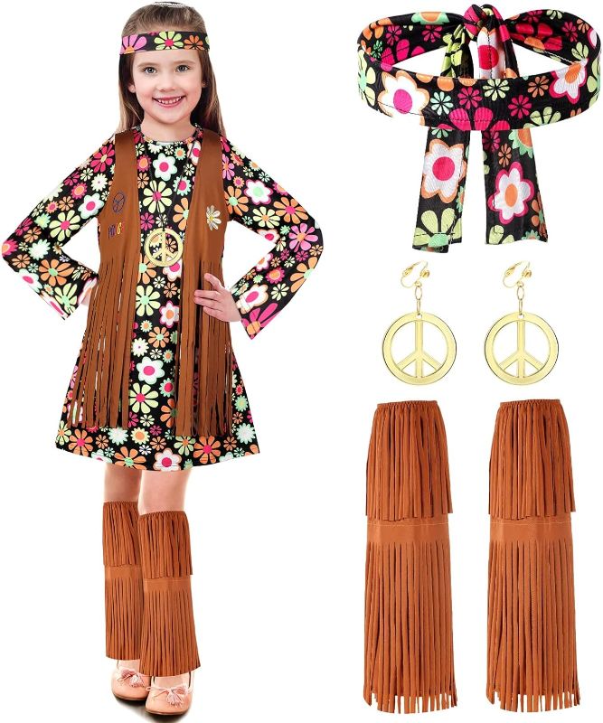 Photo 1 of **MISSING PARTS**Kids Hippie Costume Set for Girls 60s 70s Hippie Dress Peace Sign Hippie Party Accessories for Halloween Cosplay Party
