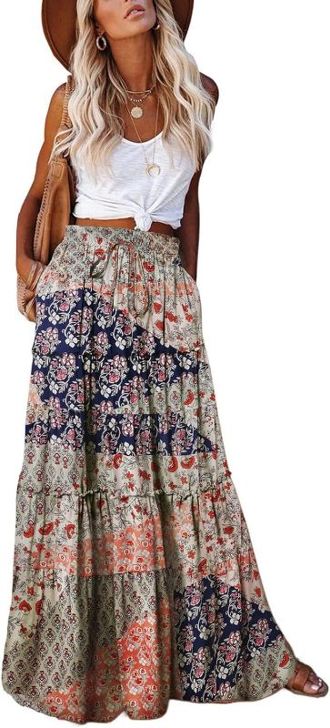 Photo 1 of **SIZE L**EARKOHA Womens Casual High Waist Tiered Paisley Print Long Maxi Skirt with Pockets
