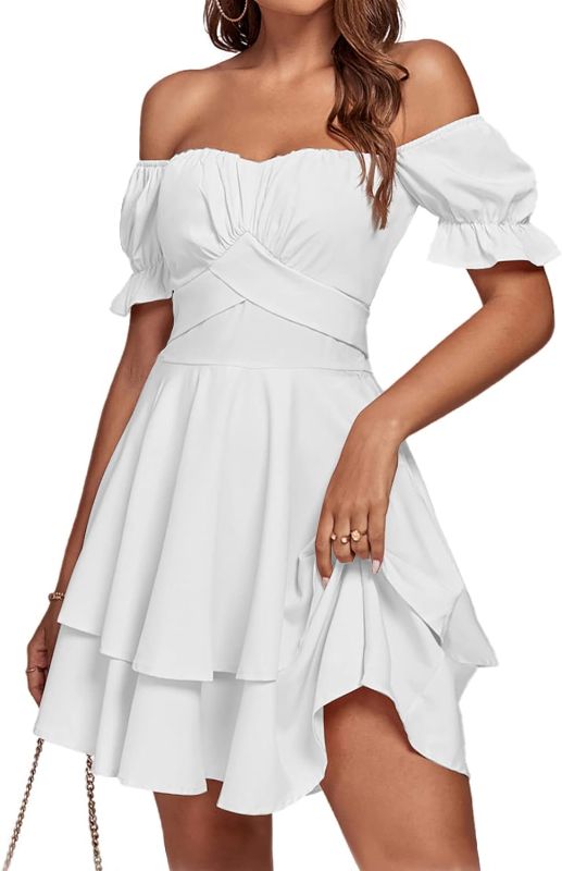 Photo 1 of LYANER Women's Tie Back Off Shoulder Wrap Layer Ruffle Short Sleeve Mini Dress
