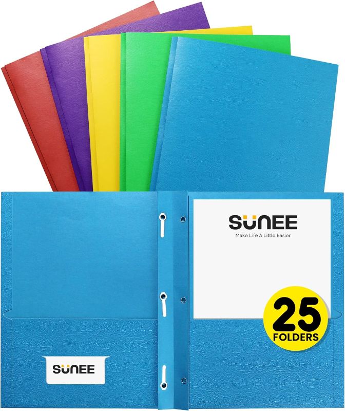 Photo 1 of SUNEE 2 Pocket Folders with Prongs (25 Pack, Assorted Colors), Paper Folders with 2 Pockets and 3 Prongs Fit Letter Size Paper, Folders with Prongs for School Office Home Bussiness
