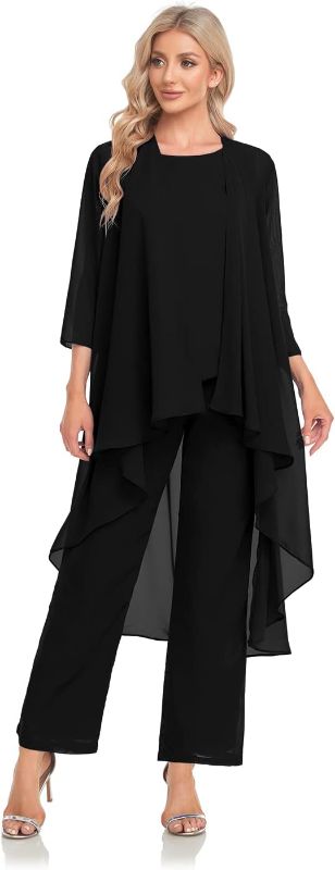 Photo 1 of VK Selec Women's 3 Pieces Chiffon Mother of The Bride Dress with Jacket Chiffon Formal Evening Dresses Black