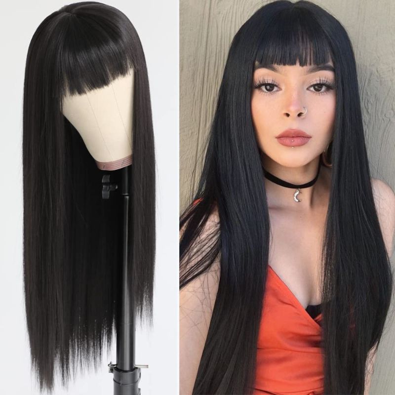 Photo 1 of **USED**QD-Tizer Black Color Synthetic Hair Wigs with Full Bangs Long Straight Wig Natural Soft Hair Heat Resistant Synthetic No Lace Wigs for Women 24 inch
