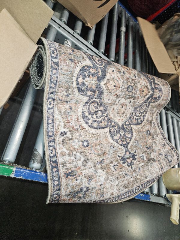 Photo 2 of **GOOD USED**ReaLife Machine Washable Area Rug Runner - Living Room Bedroom Bathroom Kitchen Entryway Office - Non Slip Low Pile Stain Resistant Premium - Boho Farmhouse Vintage - Joy - Brown Beige 3' x 5' Medallion - Brown Ivory 3' x 5'