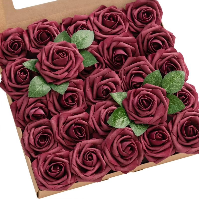 Photo 1 of **ONLY 17 PCS**Ling's Moment Artificial Flowers 25Pcs Burgundy Roses Decor w/Stems,3" Real Touch DIY Foam Floral for Wedding Bouquet/Centerpieces, Outdoors Party Backdrop, Room/Table, and Garden/Pot Decorations
