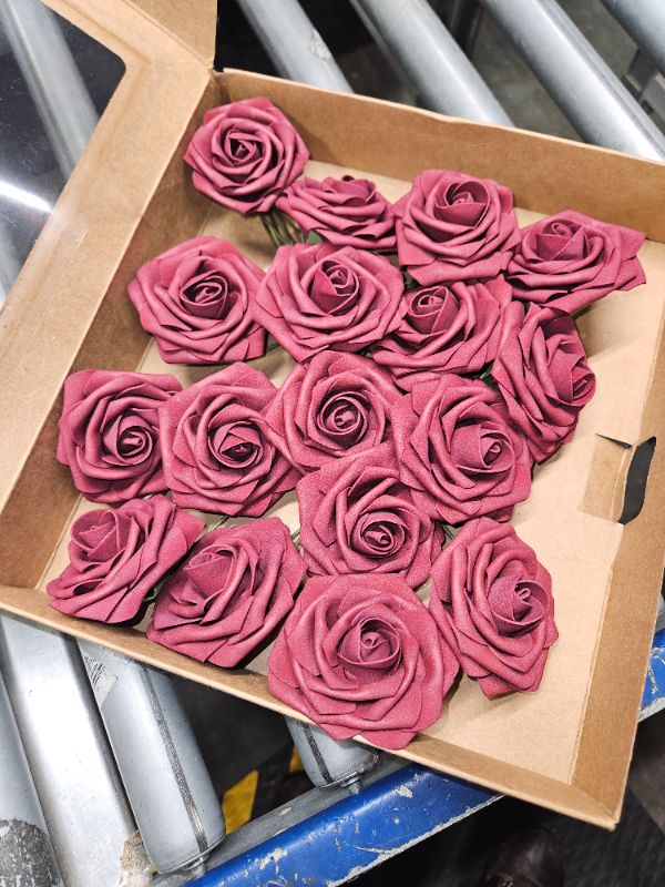 Photo 1 of **ONLY 17 PCS**Ling's Moment Artificial Flowers 25Pcs Burgundy Roses Decor w/Stems,3" Real Touch DIY Foam Floral for Wedding Bouquet/Centerpieces, Outdoors Party Backdrop, Room/Table, and Garden/Pot Decorations
