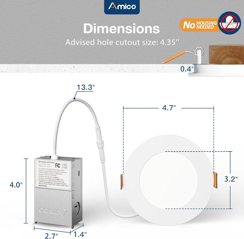 Photo 1 of Amico 12 Pack 4 Inch 5CCT Ultra-Thin LED Recessed Dimmable Can/Ceiling Light with Junction Box, 2700K/3000K/3500K/4000K/5000K Selectable, 11W Eqv 70W, 800LM High Brightness Wafer Downlight - ETL&FCC