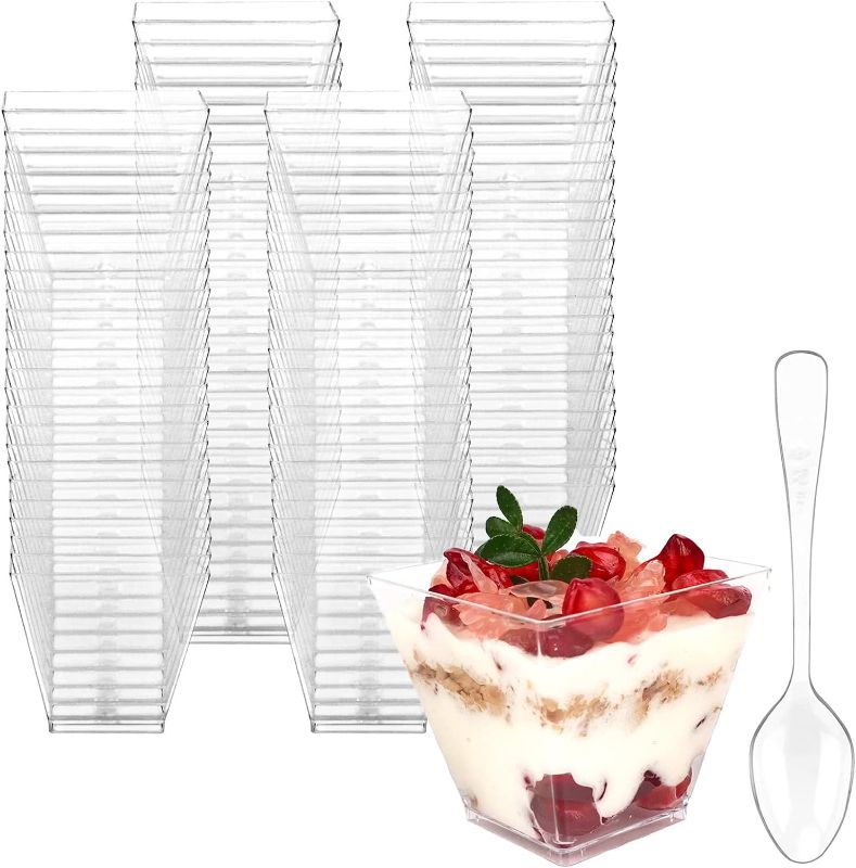 Photo 1 of ****USED** 100 Pack 2 oz Mini Dessert Cups with Spoons, Square Clear Plastic Appetizer Cups, Reusable Parfait Cups, Small Dessert Bowls for Serving Fruit Ice Cream Pudding Yogurt
