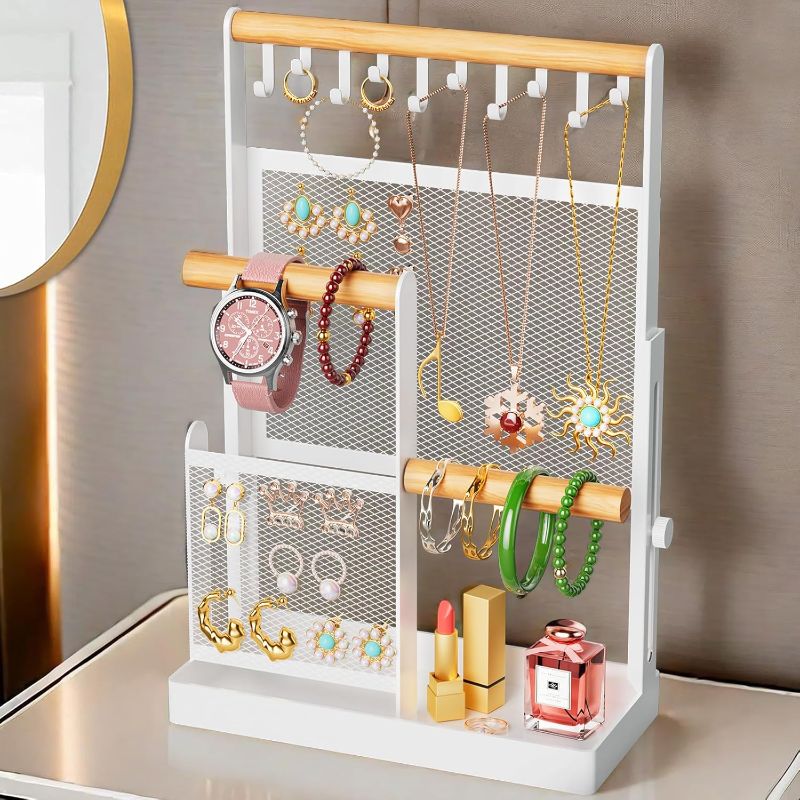 Photo 1 of ****USED** Jewelry Organizer, Adjustable Necklace Holder Organizer Jewelry Holder Earring Stand with 10 Necklaces Hooks 2 Wooden Handing Bar for Bracelets Watches Rings Jewelry Organizers and Storage White