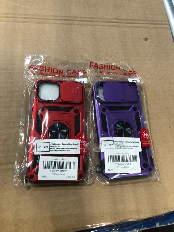 Photo 2 of  2 pack Hitaoyou Compatible with iPhone 15 Case, iPhone 15 Case with Camera Cover & Kickstand Military Grade Shockproof Heavy Duty Protective with Magnetic Car Mount Holder Case for iPhone 15 Purple and Red