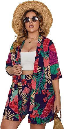 Photo 1 of Floerns Women's Plus Size 2 Piece Outfit Tropical Print Kimono Top and Shorts Set Size XL
