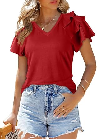 Photo 1 of SHEWIN Womens Summer Tops V Neck Ruffle Short Sleeve T Shirts Casual Slim Fit Medium B red