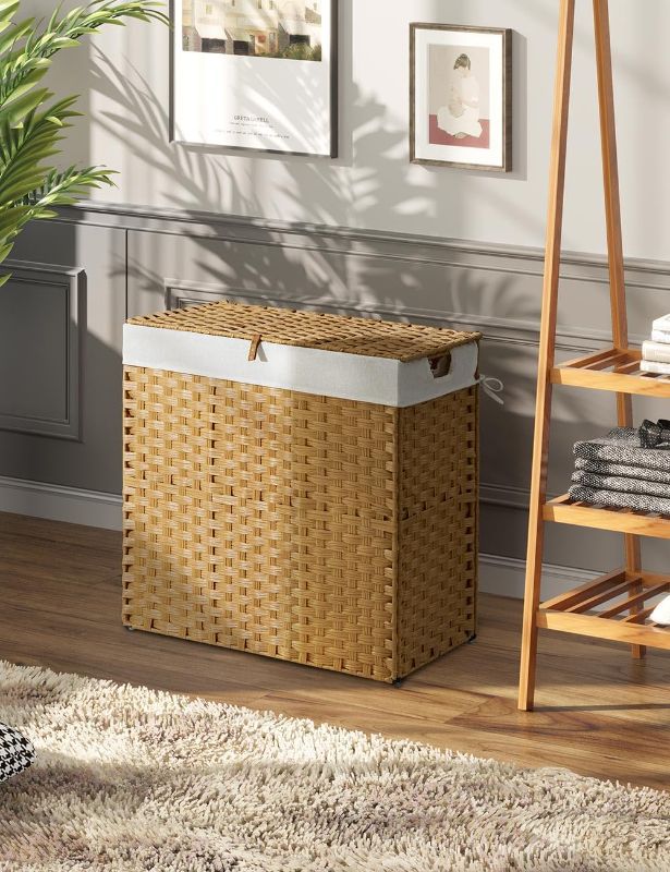 Photo 1 of Greenstell Laundry Hamper with lid, No Install Needed, 110L Wicker Laundry Baskets Foldable 2 Removable Liner Bags, 2 Section Clothes Hamper Handwoven Rattan Laundry Basket with Handles, Natural