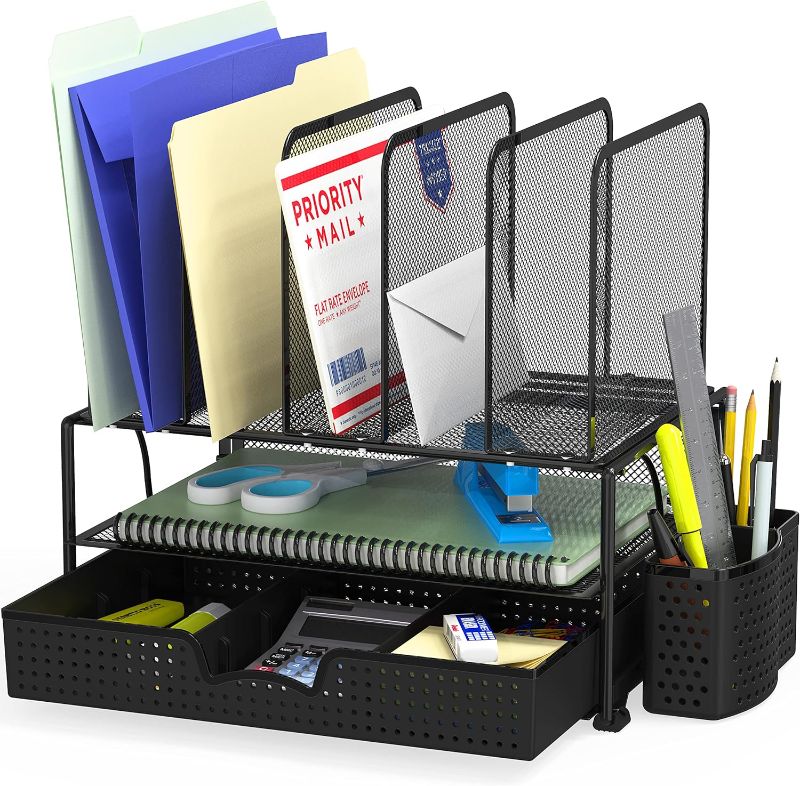 Photo 1 of Simple Houseware Mesh Desk Organizer with Sliding Drawer, Double Tray and Upright Sections, Black