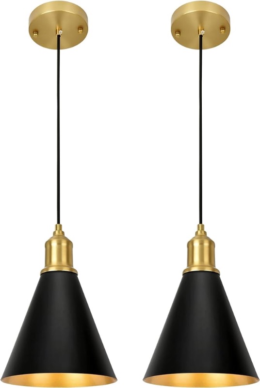 Photo 1 of Black and Gold Pendant Lights, Modern Metal Pendant Light Set of 2, Mid Century Hanging Lights, Adjustable Cable Industrial Ceiling Lighting Fixtures for Kitchen Island, Bedroom