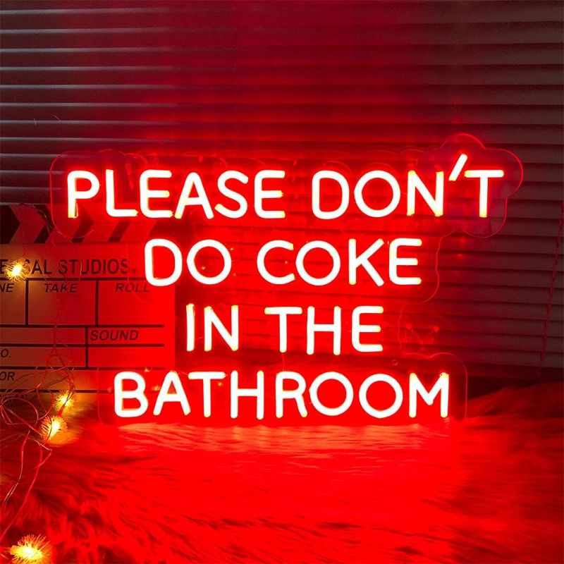 Photo 1 of Please Dont Do Coke in The Bathroom Neon Sign for Bathroom Decor LED Neon Light for Bathroom Wall Decor Man Cave Sign Wall Art for Bar Home Room Apartment Decoration Red Light Birthday Gift for Women