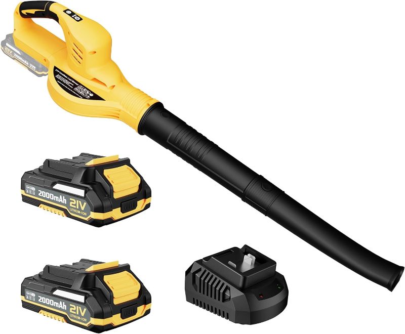 Photo 1 of Leaf Blower Cordless - 21V Electric Cordless Leaf Blower with 2 Batteries and Charger, 2 Speed Mode, 2.0Ah Lightweight Battery Powered Leaf Blowers for Lawn Care, Patio, Blowing Leaves Lemon Yellow