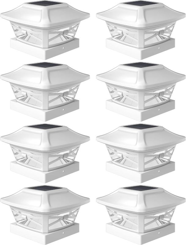 Photo 1 of  Solar Outdoor Post Cap Lights - Includes Bases for 4x4 5x5 6x6 Posts - Bright LED Light - Pearl White (8 Pack)