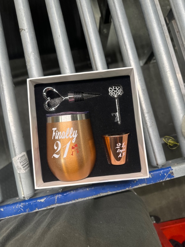 Photo 1 of 21st Birthday Gifts For Women, Funny Birthday Wine Gifts Ideas for Her, Friend, Daughter, Sister | Unique Finally 21 Stainless Steel Wine Tumbler Shot Glass Set For 21 Year Old