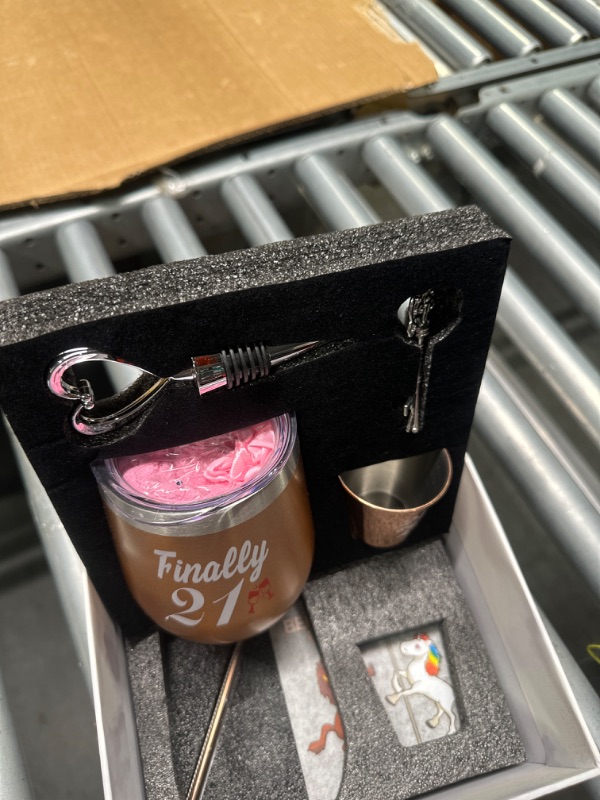 Photo 1 of 21st Birthday Gifts For Women, Funny Birthday Wine Gifts Ideas for Her, Friend, Daughter, Sister | Unique Finally 21 Stainless Steel Wine Tumbler Shot Glass Set For 21 Year Old