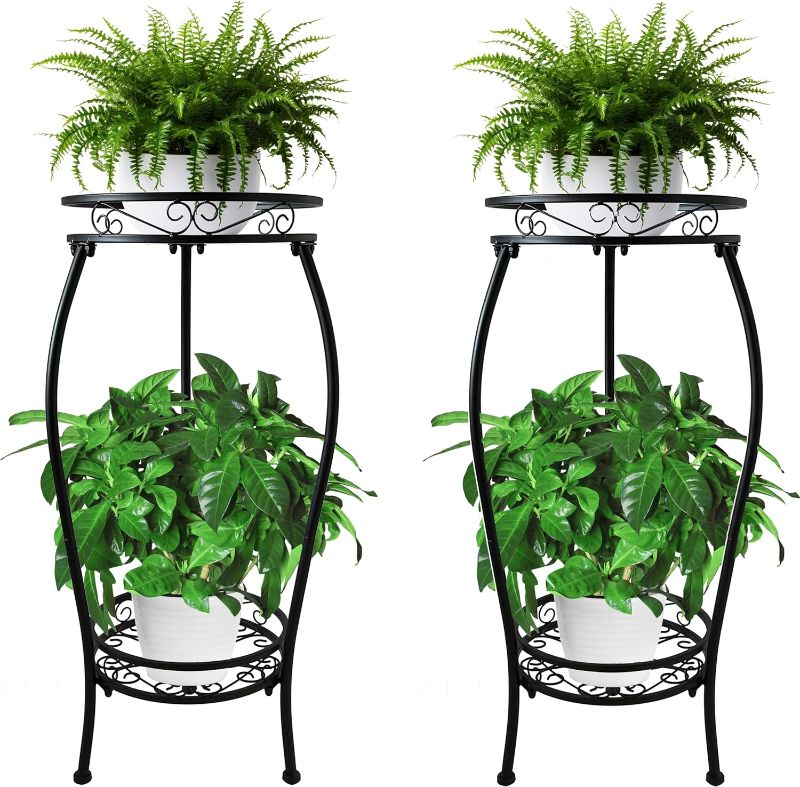 Photo 1 of CASIMR 2Pack Plant Stand Indoor Outdoor, 2 Tier 26.6" Tall Metal Potted Holder Rack Multiple Flower Pot Stand Heavy Duty Plant Shelf Rustproof Iron Plant Round Supports Rack