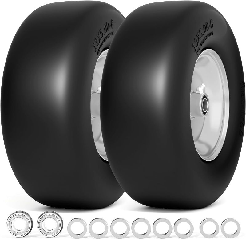 Photo 1 of RONPOW 13x5.00-6 Flat Free Lawn Mower Tires, Zero Turn Front Wheel 13x5x6 Solid Mower Flat Free Tire Assembly, with 5/8" & 3/4" Grease Bushing, 3.25"-5.9" Center Hub, Load 500lbs, 2Pack Gray