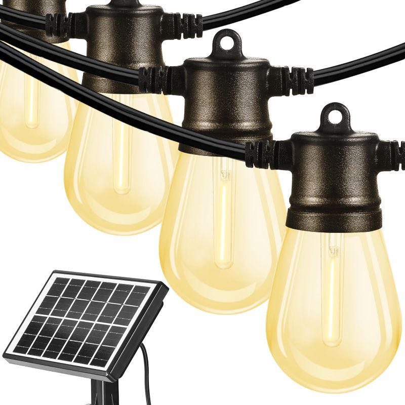 Photo 1 of FMART Solar Outdoor String Lights, 100FT Solar Light Commercial Grade Waterproof Heavy Duty Outdoor Hanging Lights with 30 LED Shatterproof Bulbs Camping Garden Decorative Lights Warm White