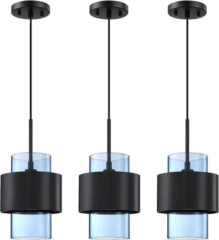 Photo 1 of 1 Light 3 Pack Hanging Indoor Kitchen Island Pendant Light 6" Drum Glass Shade Pendant Ceiling Light Rod Fixtures Modern Farmhouse Dinning Over Sink (Ancient Blue Glass)
