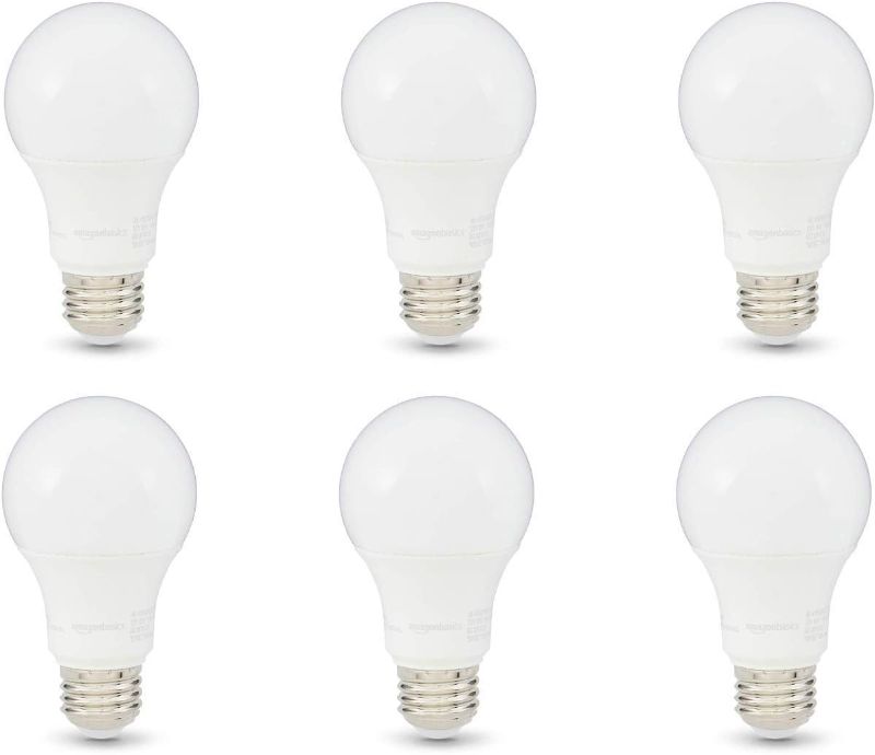 Photo 1 of Amazon Basics A19 LED Light Bulb, 75 Watt Equivalent, Energy Efficient 12W, E26 Standard Base, Soft White 2700K, Dimmable, 10,000 Hour Lifetime , 6-Pack
