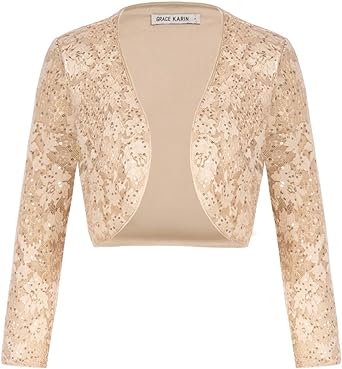 Photo 1 of GRACE KARIN Women's 3/4 Sleeve Open Front Sequin Floral Lace Cropped Shrug Bolero Cardigan