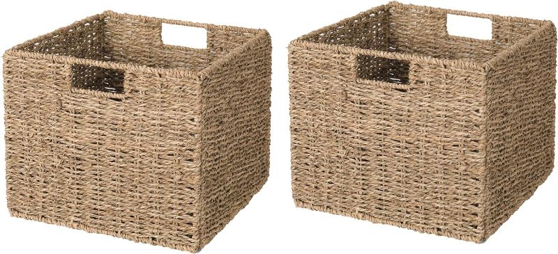 Photo 1 of 12x12x10in Seagrass Storage Baskets Set of 2, Large Wicker Storage Basket, Decorative Seagrass Shelf Basket, Pantry Baskets Organization,Folding Storage Cube Bins