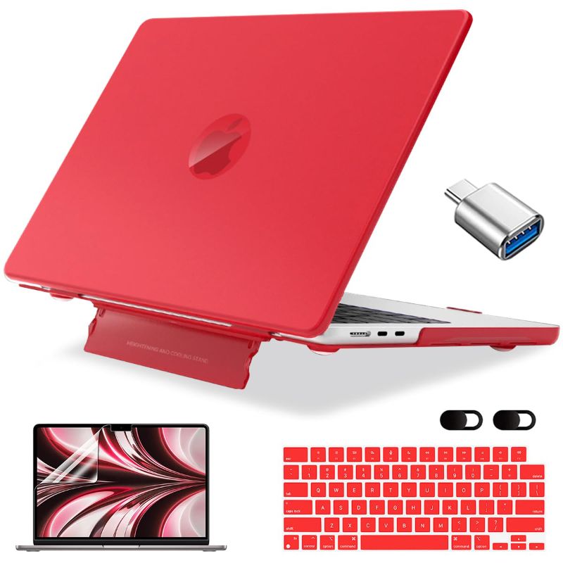 Photo 1 of for MacBook Air 13.6 inch Case 2022 2024 A2681 M2 A3113 M3, Plastic Hard Shell Case with Fold Kickstand & Keyboard Cover & Screen Protector & Tpye C Adapter, Red Red (with Fold Kickstand)