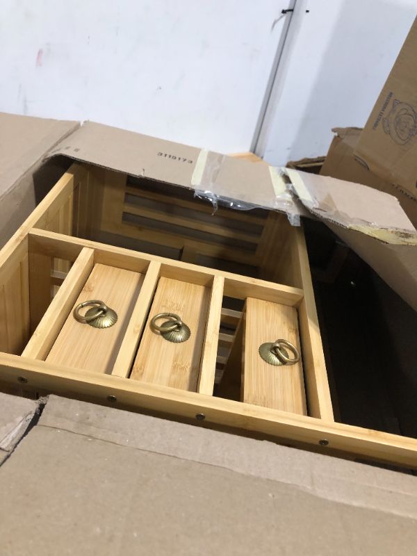 Photo 1 of Maydear Bamboo Desktop Bookshelf, Retro Office Desk Bookshelf Organizer, with 3 Drawers, Double Layer Display Shelf Rack for Office Supplies and Home Decor 19.7" - 3 Drawers Bookshelf