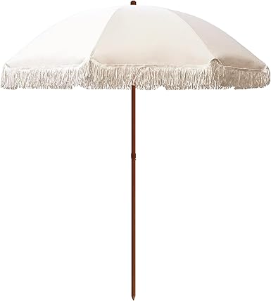 Photo 1 of 6.5 ft Patio Umbrella with Fringe Khaki Tassel Umbrella Windproof Beach Umbrella Foldable Outdoor Umbrella for Holiday Outdoor Garden Backyard Picnic Beach Pool Table Chair 