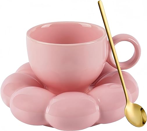 Photo 1 of Coffee Mug Set with Saucer and Spoon- 6.5 oz/200 ml Creative Mug for Latte Milk and Tea-Pink