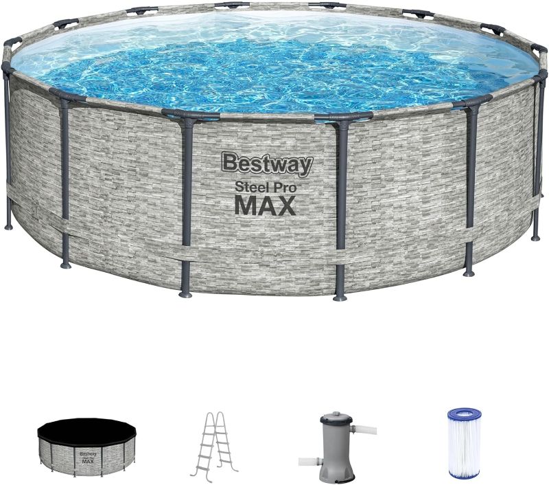 Photo 1 of ***USED - MISSING NUMEROUS PARTS - UNABLE TO VERIFY FUNCTIONALITY***
Bestway Steel Pro MAX 14 Foot x 48 Inch Round Metal Frame Above Ground Outdoor Swimming Pool Set with 1,000 Filter Pump, Ladder, and Cover, Gray