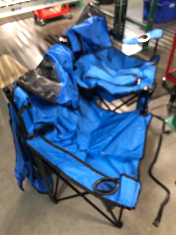 Photo 2 of ***USED - DAMAGED - FRAME BROKEN - SEE PICTURES - NO PACKAGING***
Portable Outdoor Folding Dual Chair with Canopy, Blue, Cupholders