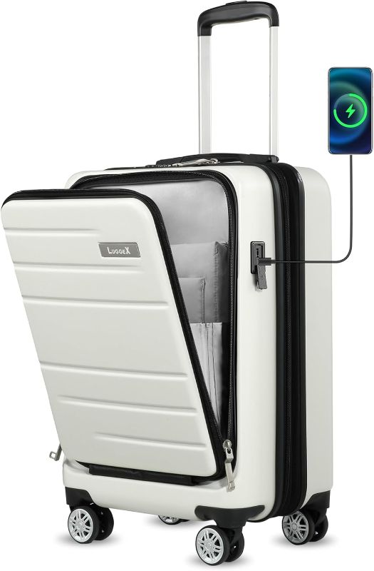 Photo 1 of ***USED - SCUFFED AND SCRAPED - SEE PICTURES - DEFAULT CODE IS 0-0-0***
LUGGEX Carry On Luggage with Front Pocket, Expandable Polycarbonate Hard Shell Suitcase with USB Port (White, 20 Inch, 36.1L)